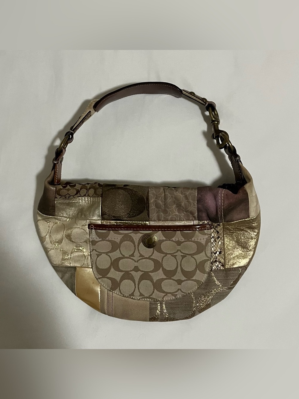 Coach Patchwork Signature Shoulder Bag in Brown and Gold Tones